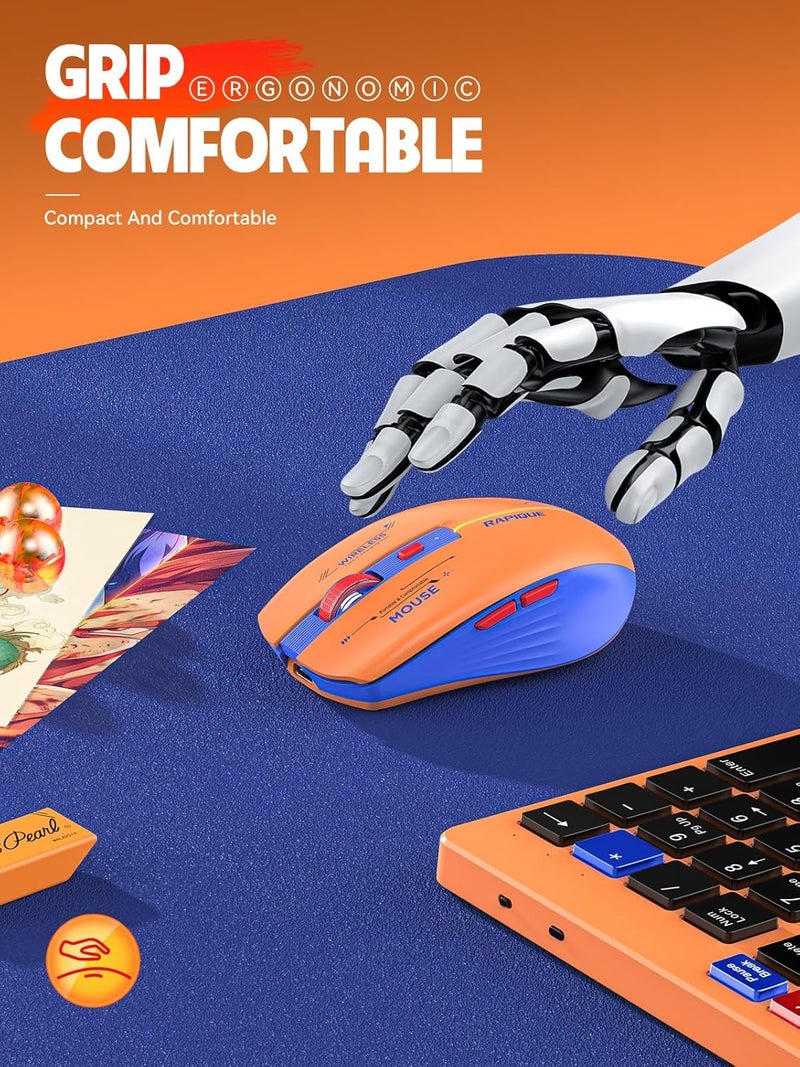 RAPIQUE Bluetooth Wireless Mouse - (BT1/BT2+USB Receiver) Dual Mode, Rechargeable, Quiet Click, Multi-Device Compatibility for Laptop, Computer, MacBook, Tablet (Blue and Orange) - Image 2